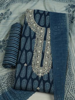 MEENA BAZAAR - Navy Blue Embroidered Cotton Unstitched Kurta with Unstitched Pant and Dupatta