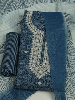 MEENA BAZAAR - Embroidered Navy Blue Cotton Unstitched Kurta with Unstitched Pant and Dupatta