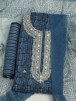 MEENA BAZAAR - Embroidered Cotton Navy Blue Unstitched Kurta with Unstitched Pant and Dupatta