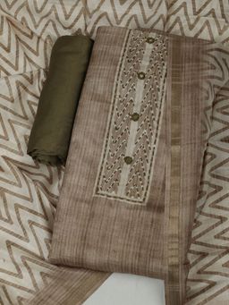 MEENA BAZAAR - Geometric Printed Chanderi Green Unstitched Kurta with Unstitched Pant and Dupatta