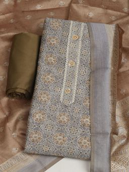 MEENA BAZAAR - Women Floral Cotton Grey Unstitched Kurta with Unstitched Pant and Dupatta