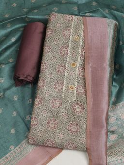 MEENA BAZAAR - Floral Cotton Brown Unstitched Kurta with Unstitched Pant and Dupatta