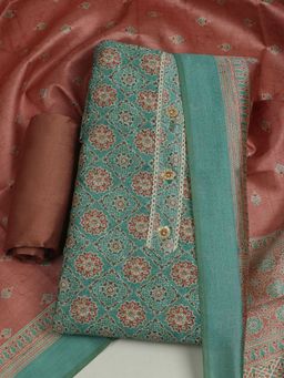 MEENA BAZAAR - Floral Printed Cotton Teal Unstitched Kurta with Unstitched Pant and Dupatta
