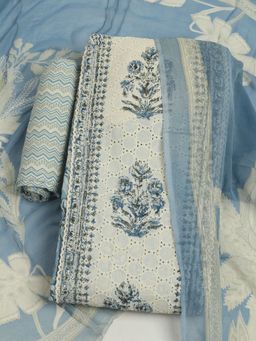 MEENA BAZAAR - Embroidered Blue Cotton Unstitched Kurta with Unstitched Pant and Dupatta