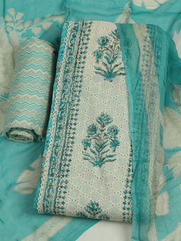 MEENA BAZAAR - Teal Embroidered Cotton Unstitched Kurta with Unstitched Pant and Dupatta