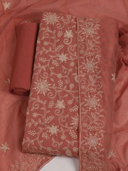MEENA BAZAAR - Embroidered Chanderi Peach Unstitched Kurta with Unstitched Pant and Dupatta