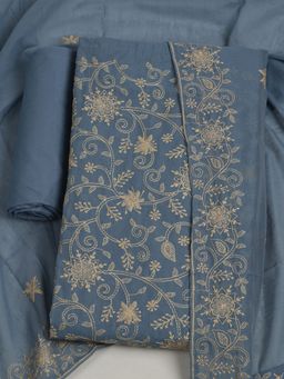 MEENA BAZAAR - Blue Embroidered Chanderi Unstitched Kurta with Unstitched Pant and Dupatta
