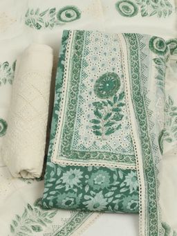 MEENA BAZAAR - Women Embroidered Cotton Green Unstitched Kurta with Unstitched Pant and Dupatta