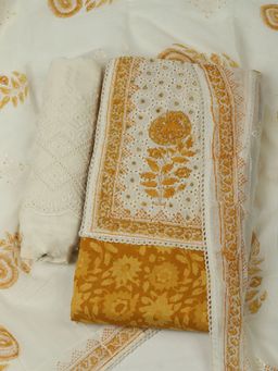 MEENA BAZAAR - Women's Embroidered Cotton Mustard Unstitched Kurta with Unstitched Pant and Dupatta