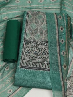 MEENA BAZAAR - Embroidered Chanderi Green Unstitched Kurta with Unstitched Pant and Dupatta