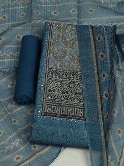 MEENA BAZAAR - Embroidered Blue Chanderi Unstitched Kurta with Unstitched Pant and Dupatta