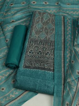 MEENA BAZAAR - Women's Embroidered Chanderi Green Unstitched Kurta with Unstitched Pant and Dupatta