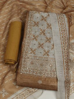 MEENA BAZAAR - Women Embroidered Chanderi Mustard Unstitched Kurta with Unstitched Pant and Dupatta