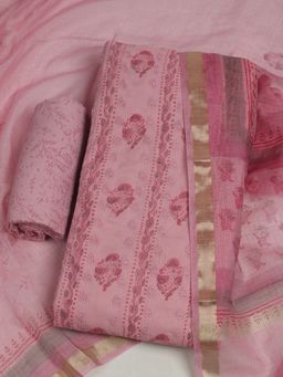 MEENA BAZAAR - Floral Printed Cotton Pink Unstitched Kurta with Unstitched Pant and Dupatta