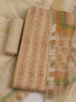 MEENA BAZAAR - Embroidered Beige Cotton Unstitched Kurta with Unstitched Pant and Dupatta