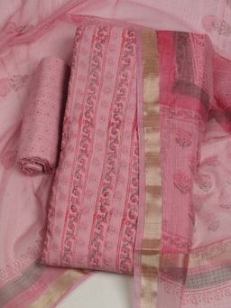 MEENA BAZAAR - Embroidered Pink Cotton Unstitched Kurta with Unstitched Pant and Dupatta
