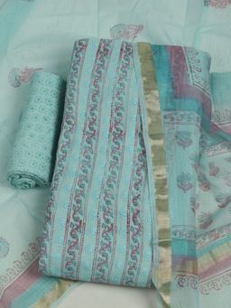 MEENA BAZAAR - Blue Women's Embroidered Cotton Unstitched Kurta with Unstitched Pant and Dupatta