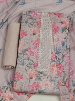 MEENA BAZAAR - Floral Printed Cotton Peach Unstitched Kurta with Unstitched Pant and Dupatta