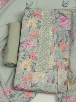 MEENA BAZAAR - Floral Printed Cotton Green Unstitched Kurta with Unstitched Pant and Dupatta