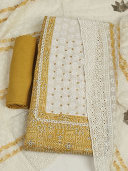 MEENA BAZAAR - Embroidered Mustard Cotton Unstitched Kurta with Unstitched Pant and Dupatta