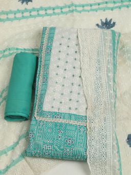 MEENA BAZAAR - Embroidered Teal Cotton Unstitched Kurta with Unstitched Pant and Dupatta