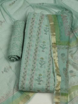 MEENA BAZAAR - Embroidered Cotton Green Unstitched Kurta with Unstitched Pant and Dupatta