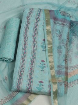 MEENA BAZAAR - Embroidered Cotton Blue Unstitched Kurta with Unstitched Pant and Dupatta