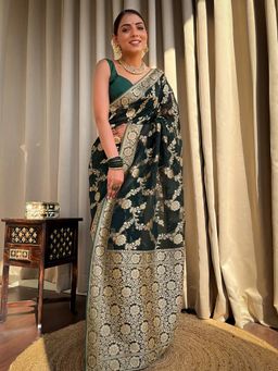 Anjaneya Sarees - Green Designer Banarasi Silk Kanjivaram Saree with Unstitched Blouse