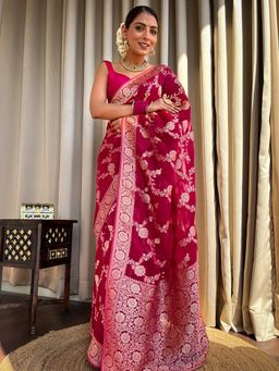 Anjaneya Sarees - Pink Designer Banarasi Silk Kanjivaram Saree with Unstitched Blouse