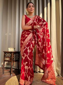 Anjaneya Sarees - Red Designer Banarasi Silk Kanjivaram Saree with Unstitched Blouse