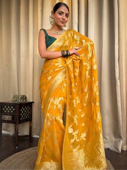 Anjaneya Sarees - Yellow Designer Banarasi Silk Kanjivaram Saree with Unstitched Blouse