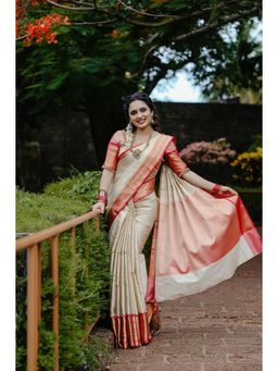 Anjaneya Sarees - Beige Designer Banarasi Silk Kanjivaram Saree with Unstitched Blouse