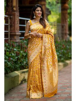 Anjaneya Sarees - Yellow Designer Banarasi Silk Kanjivaram Saree with Unstitched Blouse
