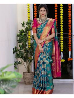 Anjaneya Sarees - Teal Designer Banarasi Silk Kanjivaram Saree with Unstitched Blouse