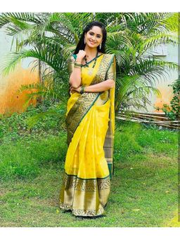 Anjaneya Sarees - Yellow Designer Banarasi Silk Kanjivaram Saree with Unstitched Blouse