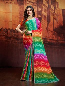 Garden VARELI - Women's Multi-Colour Bandhani Lace Work Saree with Unstitched Blouse