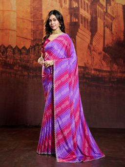 Garden VARELI - Women's Purple Crepe Bandhani Lace Work Saree with Unstitched Blouse