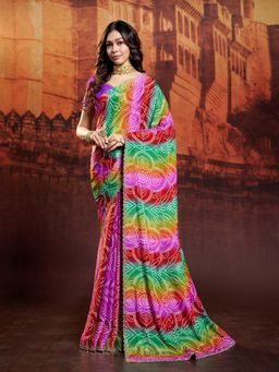 Garden VARELI - Women's Multi-Coloured Bandhani Lace Work Saree with Unstitched Blouse