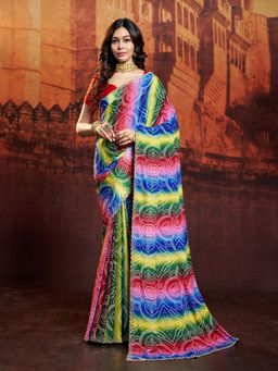 Garden VARELI - Women's Multicolour Bandhani Lace Work Saree with Unstitched Blouse