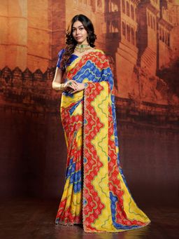 Garden VARELI - Women's Multicolour Bandhani Lace Work Saree with Unstitched Blouse
