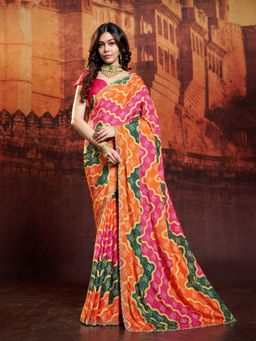 Garden VARELI - Women's Multi-Coloured Bandhani Lace Work Saree with Unstitched Blouse
