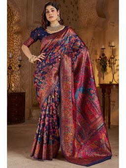 SGF11 - Women Navy Blue Kanjivaram Pure Soft Silk Saree with Unstitched Blouse