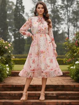 Dora Dori - Tie Up Neck Floral Printed A-Line Midi Dress