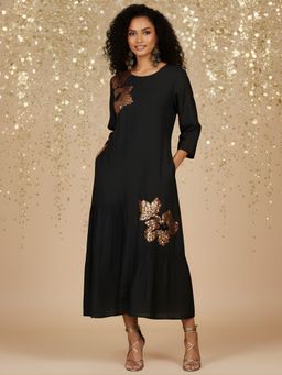 Dora Dori - Round Neck Floral Sequined A-Line Midi Dress