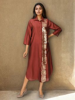 Dora Dori - Collar Neck Plain Sequined Shirt Midi Dress