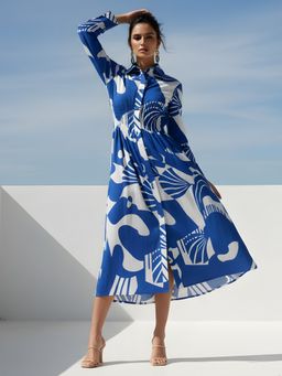 Dora Dori - Collar Neck Printed Shirt Midi Dress