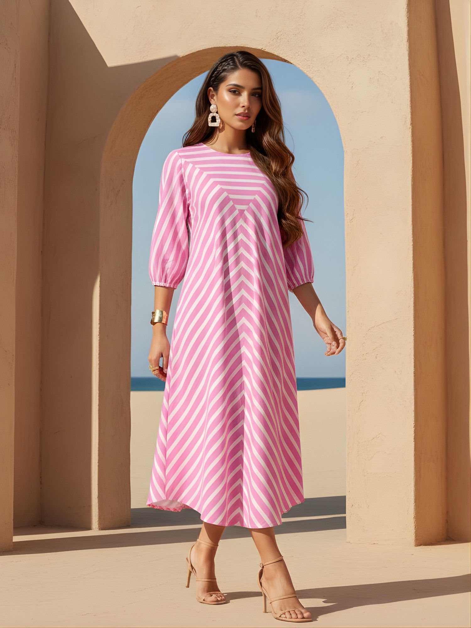 dora dori Crew Neck Stripes Printed A-Line Midi Dress-picture-30