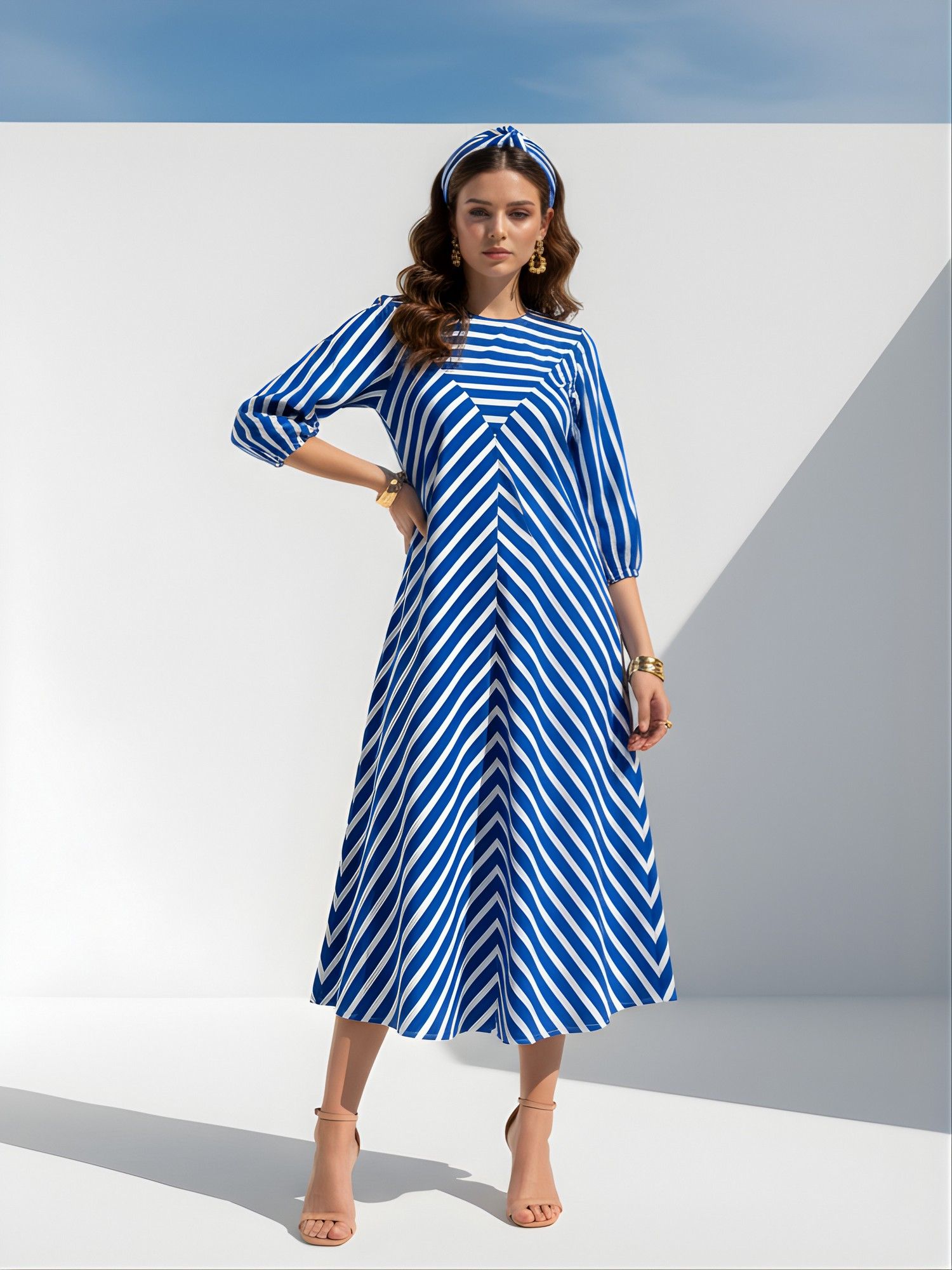 dora dori Crew Neck Stripes Printed A-Line Midi Dress-picture-17