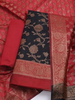 MEENA BAZAAR - Floral Woven Chanderi Black Unstitched Kurta with Unstitched Pant and Dupatta