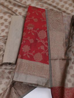 MEENA BAZAAR - Floral Woven Chanderi Maroon Unstitched Kurta with Unstitched Pant and Dupatta